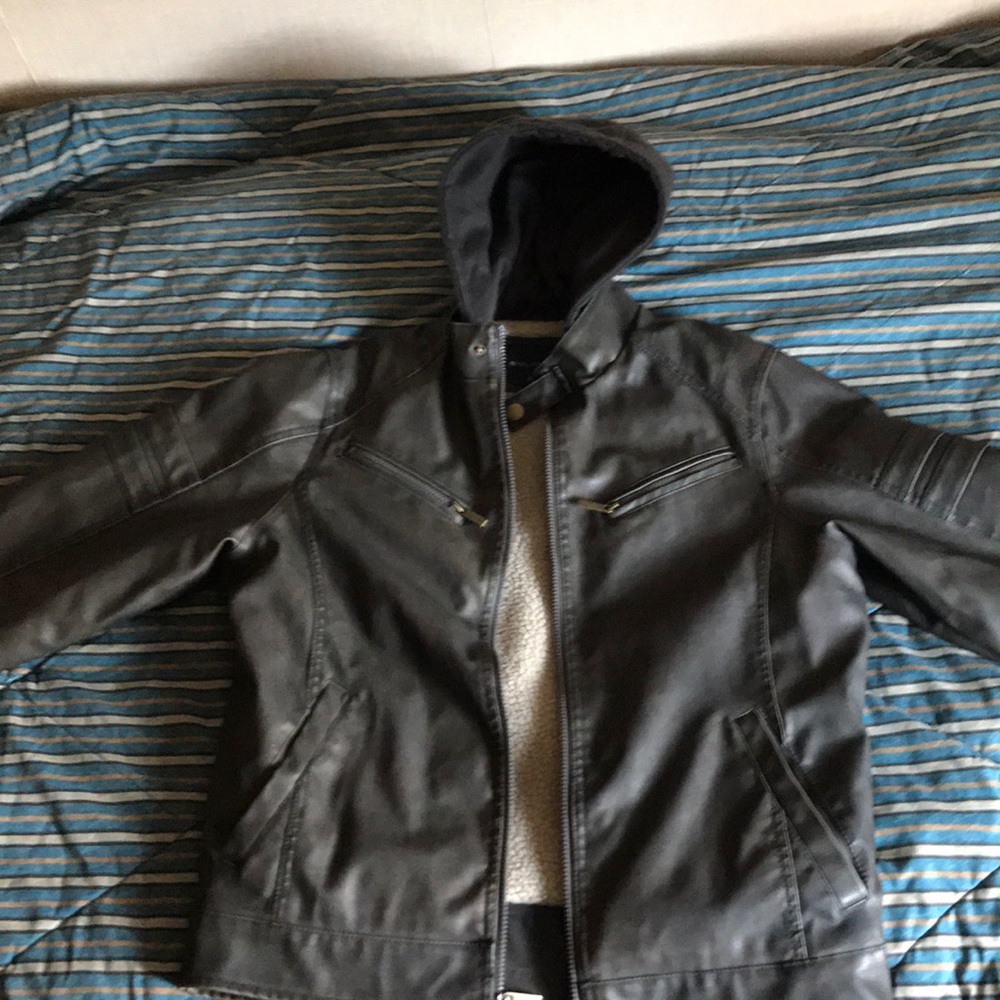 Brown Faux Leather Jacket with Hood